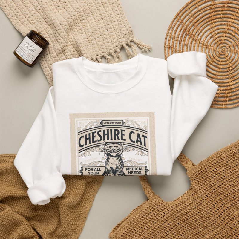 A grinning striped cat inside an ornate vintage label with Apothecary lettering