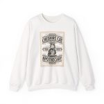 A grinning striped cat inside an ornate vintage label printed on the front of a sweatshirt A grinning striped cat inside an ornate vintage label printed on the front of a sweatshirt