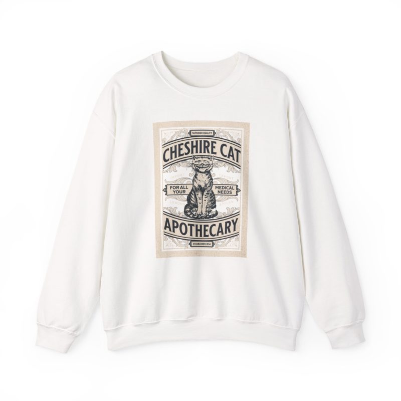 A grinning striped cat inside an ornate vintage label printed on the front of a sweatshirt