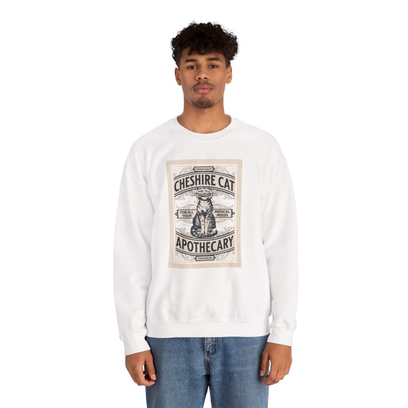 Person wearing a sweatshirt with an ornate grinning cat label