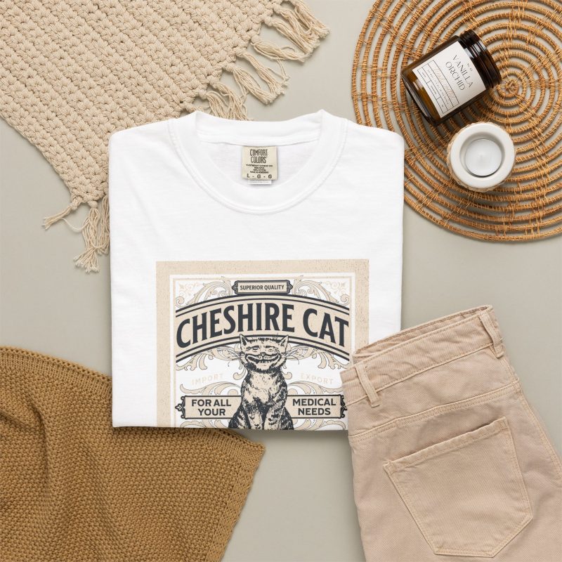 A grinning striped cat inside an ornate vintage label with Apothecary lettering
