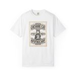 A grinning striped cat inside an ornate vintage label printed on the front of a shirt A grinning striped cat inside an ornate vintage label printed on the front of a shirt