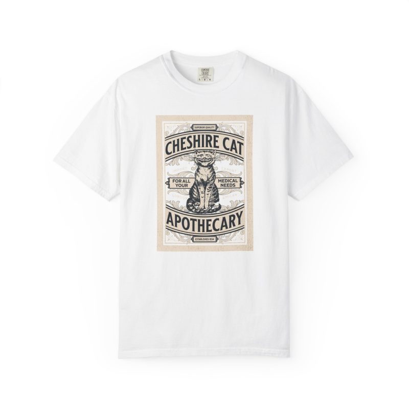 A grinning striped cat inside an ornate vintage label printed on the front of a shirt