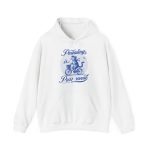 A blue tabby riding a bicycle with a basket printed on the front of a hoodie