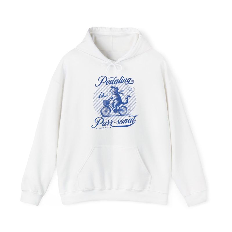 A blue tabby riding a bicycle with a basket printed on the front of a hoodie