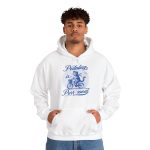 Person wearing a hoodie with a blue cat on a bicycle