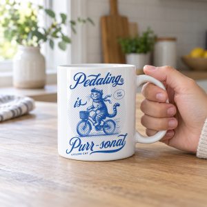 Person holding a white ceramic mug with a blue cat on a bicycle