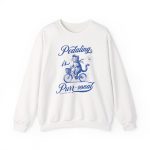 A blue tabby riding a bicycle with a basket printed on the front of a sweatshirt