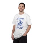 Person wearing a shirt with a blue cat on a bicycle Person wearing a shirt with a blue cat on a bicycle