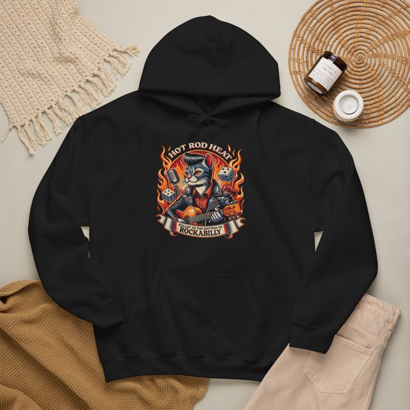 A guitar-playing cat with a pompadour, flames and dice with Hot Rod Heat lettering