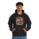 Person wearing a hoodie with a guitar-playing rockabilly cat Person wearing a hoodie with a guitar-playing rockabilly cat