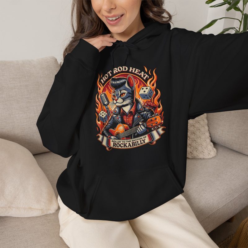 Person wearing a hoodie with a guitar-playing rockabilly cat
