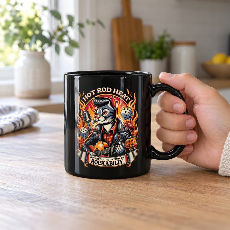 Person holding a glossy black ceramic mug with a guitar-playing rockabilly cat