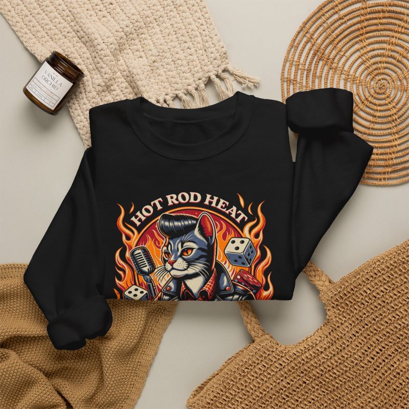 A guitar-playing cat with a pompadour, flames and dice with Hot Rod Heat lettering