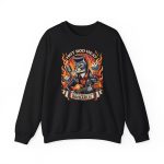 A guitar-playing cat with a pompadour, flames and dice printed on the front of a sweatshirt