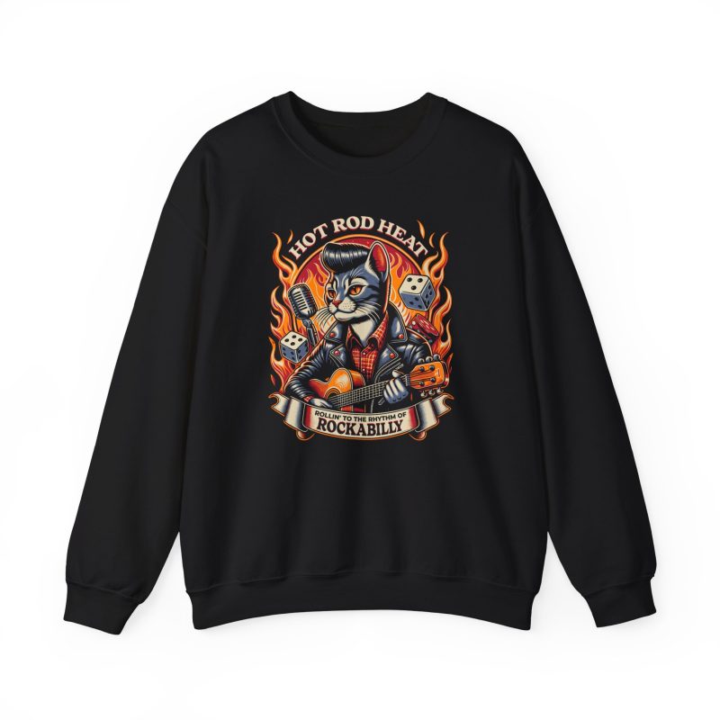 A guitar-playing cat with a pompadour, flames and dice printed on the front of a sweatshirt
