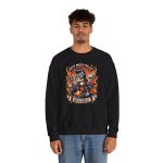Person wearing a sweatshirt with a guitar-playing rockabilly cat