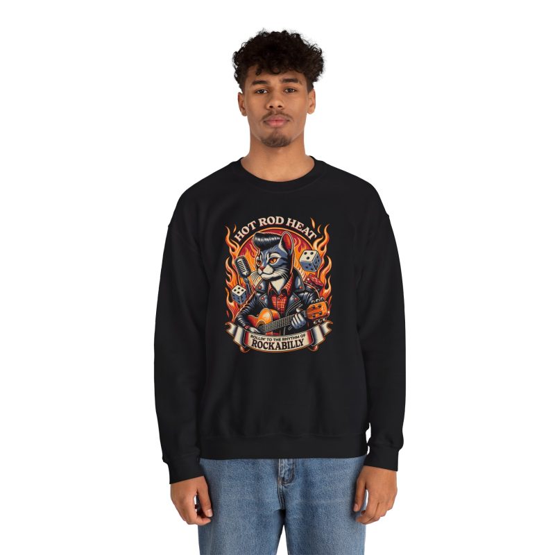 Person wearing a sweatshirt with a guitar-playing rockabilly cat