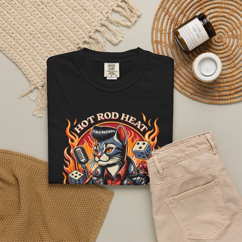 A guitar-playing cat with a pompadour, flames and dice with Hot Rod Heat lettering