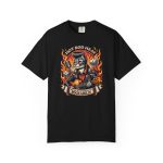 A guitar-playing cat with a pompadour, flames and dice printed on the front of a shirt