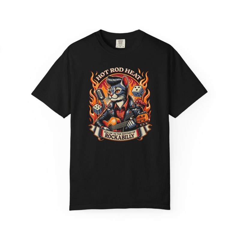 A guitar-playing cat with a pompadour, flames and dice printed on the front of a shirt