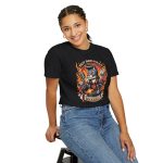 Person wearing a shirt with a guitar-playing rockabilly cat