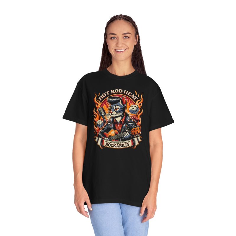 Person wearing a shirt with a guitar-playing rockabilly cat