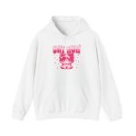 Front of the hoodie showing a seated kitten in oversized sunglasses with pink striped lettering and stars
