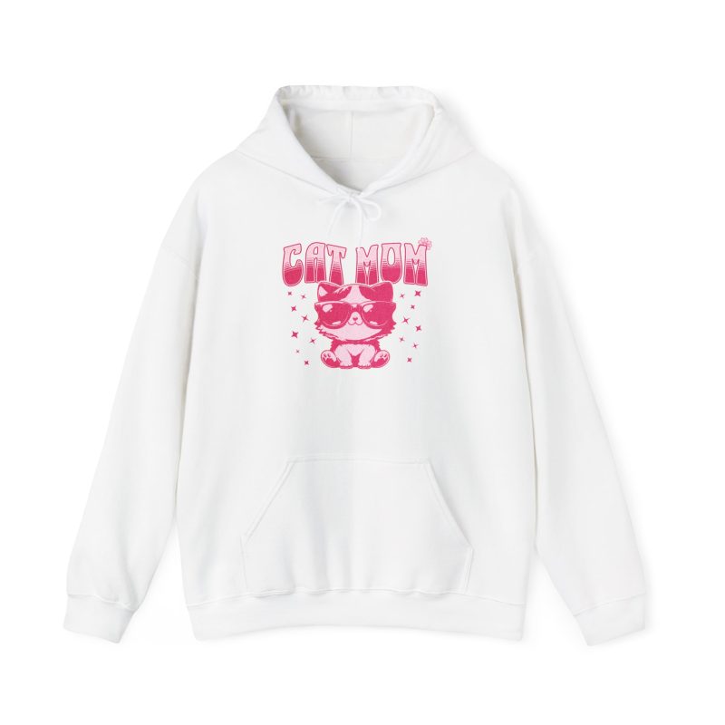 Front of the hoodie showing a seated kitten in oversized sunglasses with pink striped lettering and stars