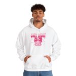 Person wearing a hoodie with a seated kitten in oversized sunglasses with pink striped lettering and stars printed on the front