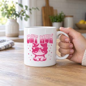 Person holding a white ceramic mug showing a seated kitten in oversized sunglasses with pink striped lettering and stars