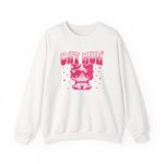 Front of the crewneck sweatshirt showing a seated kitten in oversized sunglasses with pink striped lettering and stars