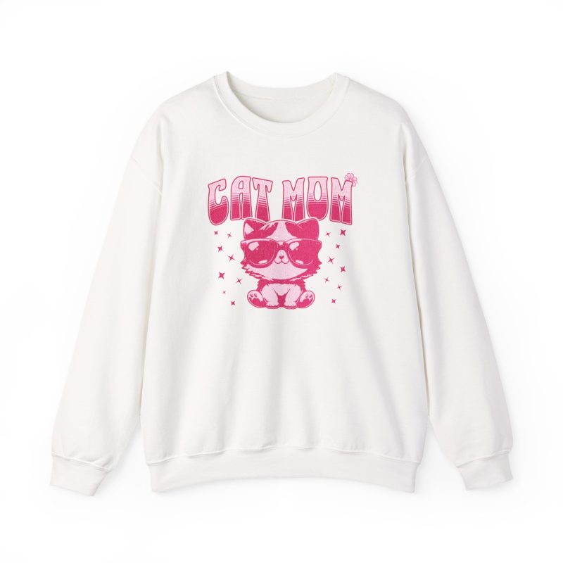 Front of the crewneck sweatshirt showing a seated kitten in oversized sunglasses with pink striped lettering and stars