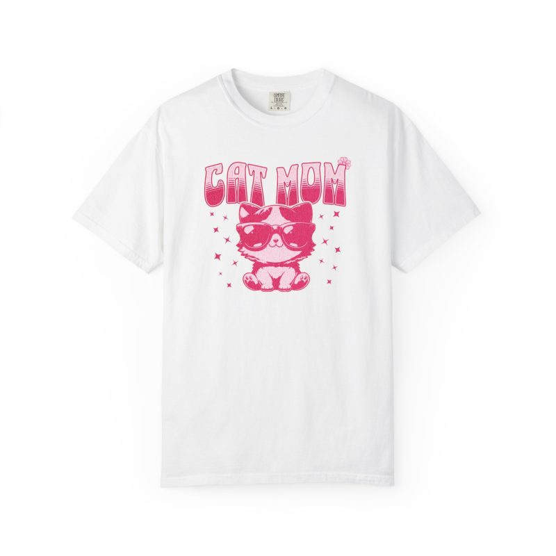 Front of the tee showing a seated kitten in oversized sunglasses with pink striped lettering and stars
