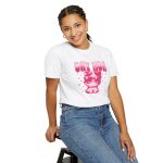 Person wearing a tee with a seated kitten in oversized sunglasses with pink striped lettering and stars printed on the front