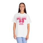 Person wearing a tee with a seated kitten in oversized sunglasses with pink striped lettering and stars printed on the front