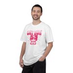 Person wearing a tee with a seated kitten in oversized sunglasses with pink striped lettering and stars printed on the front