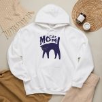 Detail of the navy arched cat and wavy lettering graphic on the hoodie