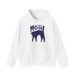 Front of the hoodie showing the navy arched cat and wavy lettering graphic