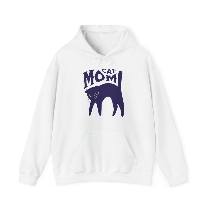 Front of the hoodie showing the navy arched cat and wavy lettering graphic