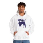 Person wearing a hoodie with a navy arched cat and wavy lettering graphic on the front