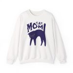 Front of the crewneck sweatshirt showing the navy arched cat and wavy lettering graphic
