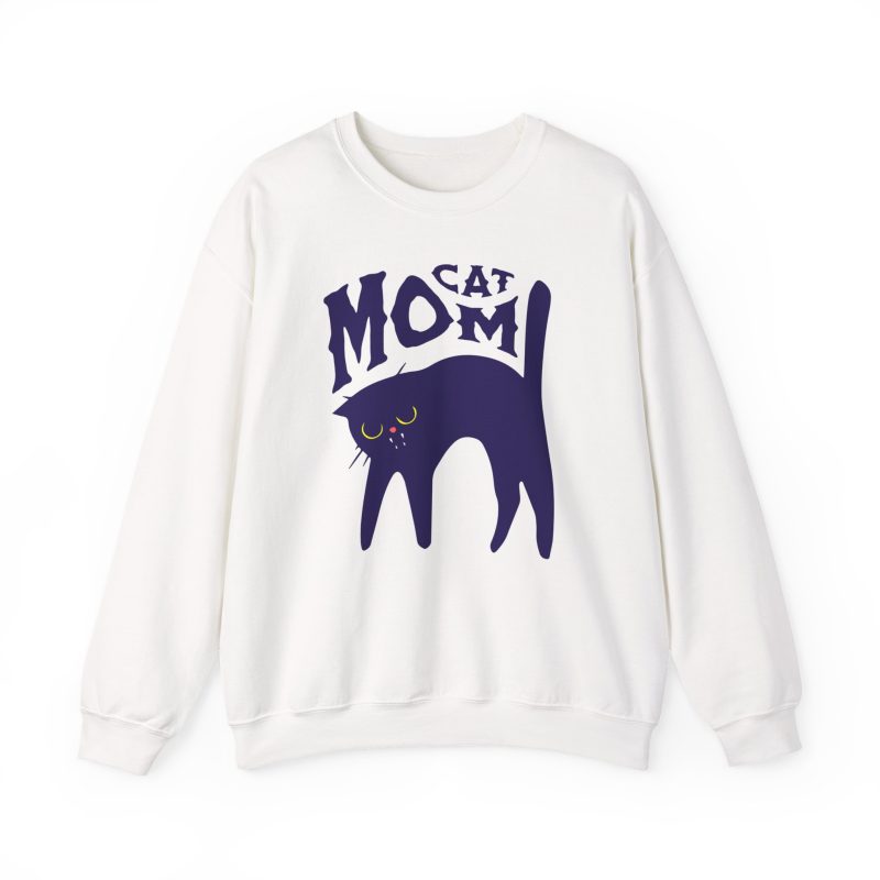 Front of the crewneck sweatshirt showing the navy arched cat and wavy lettering graphic