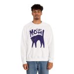 Person wearing a crewneck sweatshirt with a navy arched cat and wavy lettering graphic on the front