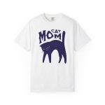 Front of the tee showing the navy arched cat and wavy lettering graphic