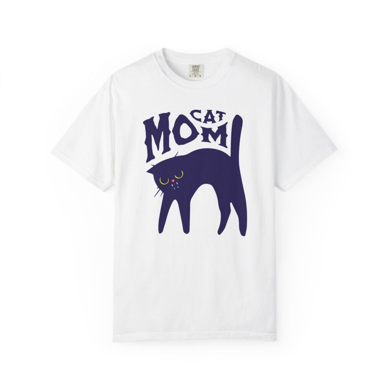 Front of the tee showing the navy arched cat and wavy lettering graphic