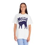 Person wearing a tee with a navy arched cat and wavy lettering graphic on the front