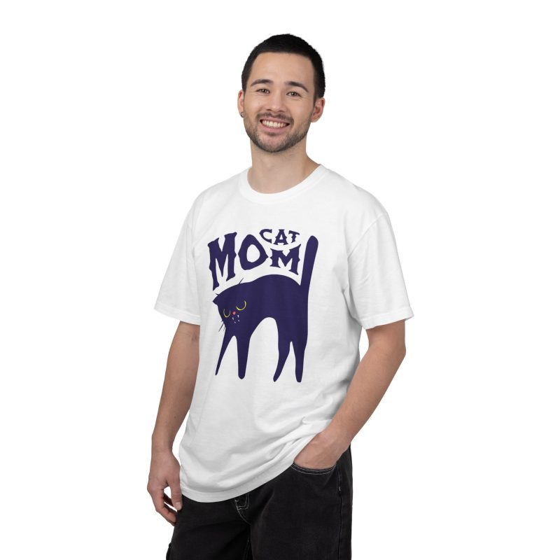 Person wearing a tee with a navy arched cat and wavy lettering graphic on the front