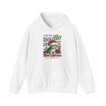 Front of the hoodie showing the Santa-hat kitten with holly and an ornament graphic