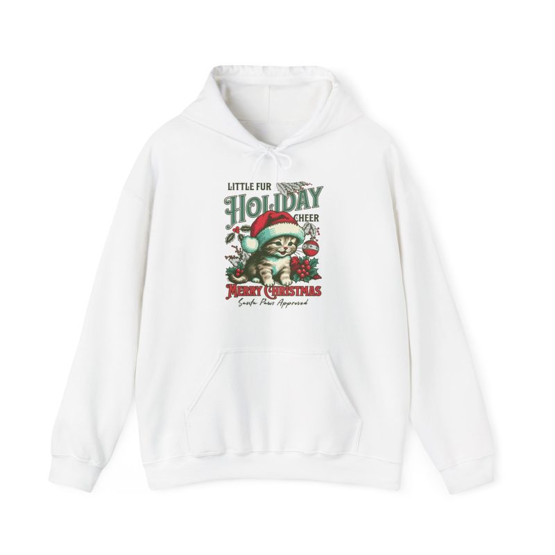 Front of the hoodie showing the Santa-hat kitten with holly and an ornament graphic